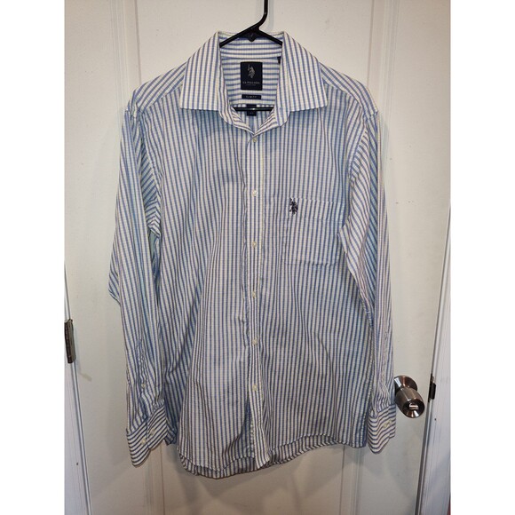 Men's U.S. Polo Assn Slim Fit Long Sleeve Dress Shirt White Blue Large - Picture 2 of 6